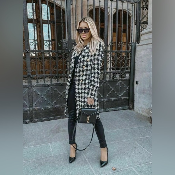 NWT Luxury Minimalist Zara Houndstooth Tweed Fringe Double Breasted Coat - Picture 5 of 17